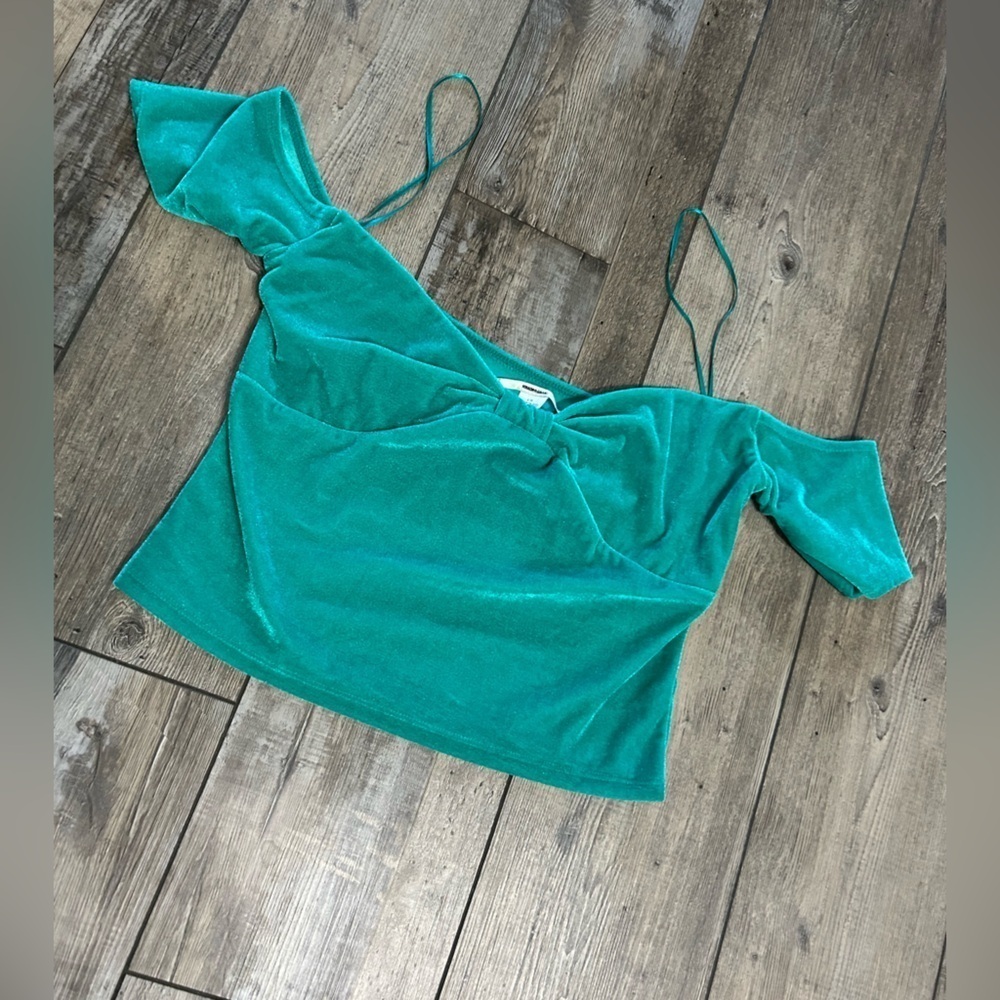 Kimchi Blue Teal Blue Green Velvet feel Cropped Blouse Top L